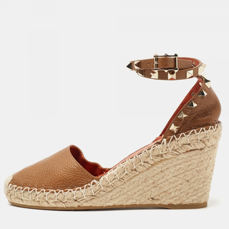 Pre Owned Valentino Brown Leather Rockstud Wedge Ankle Strap Sandals Size 37