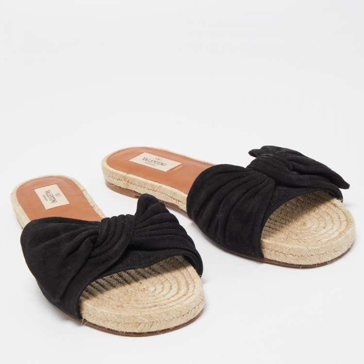 Pre Owned Valentino Black Suede Bow Espadrille Flat Slides Size 41