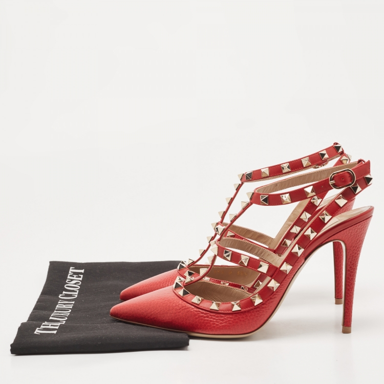 Pre Owned Valentino Red Leather Rockstud Ankle Strap Pumps Size 38.5