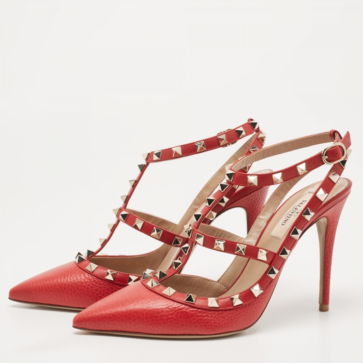 Pre Owned Valentino Red Leather Rockstud Ankle Strap Pumps Size 38.5