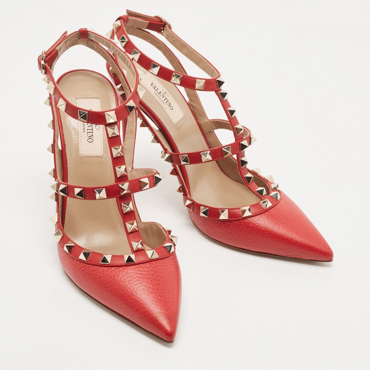 Pre Owned Valentino Red Leather Rockstud Ankle Strap Pumps Size 38.5