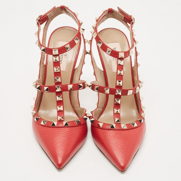 Pre Owned Valentino Red Leather Rockstud Ankle Strap Pumps Size 38.5