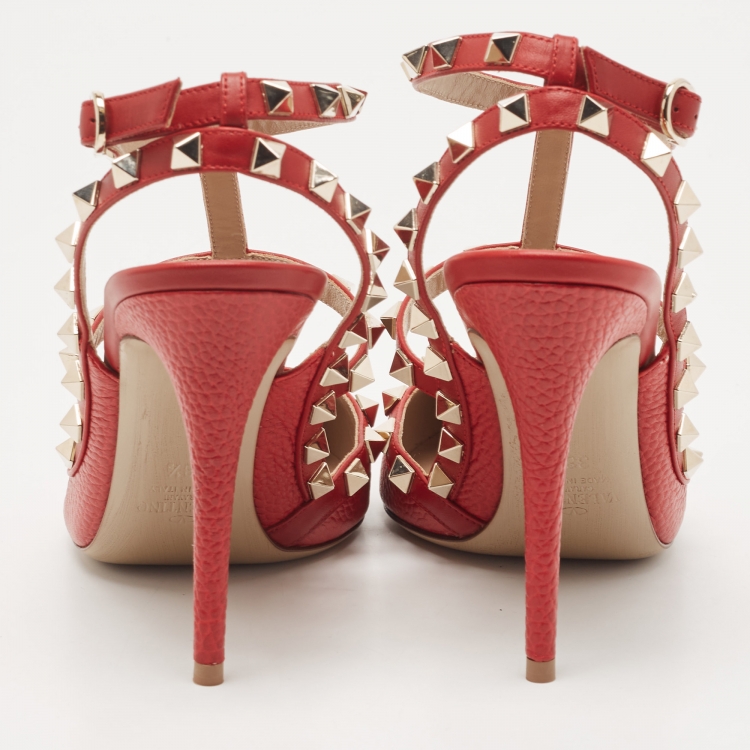 Pre Owned Valentino Red Leather Rockstud Ankle Strap Pumps Size 38.5