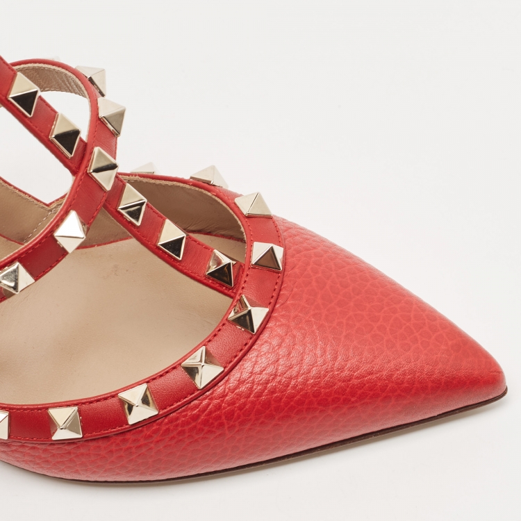Pre Owned Valentino Red Leather Rockstud Ankle Strap Pumps Size 38.5