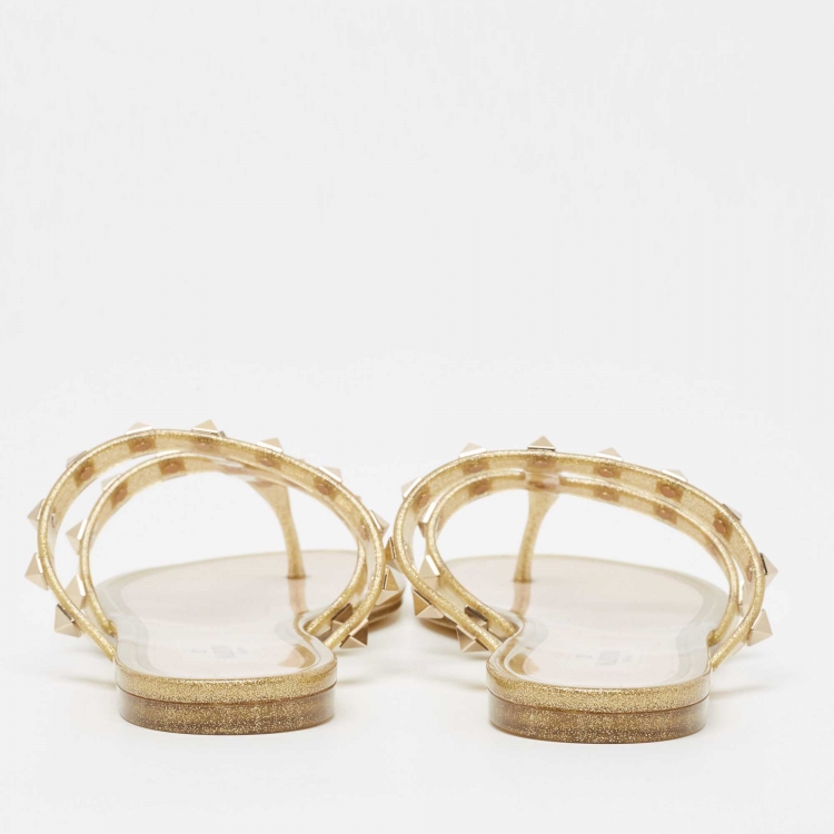 Pre Owned Valentino Gold Rubber Rockstud Slide Flats Size 37