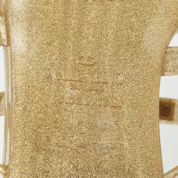 Pre Owned Valentino Gold Rubber Rockstud Slide Flats Size 37