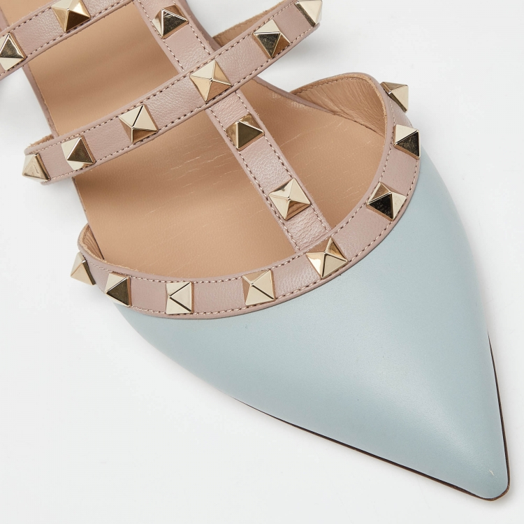 Pre Owned Valentino Blue/Pink Leather Rockstud Strappy Flat Mules Size 38
