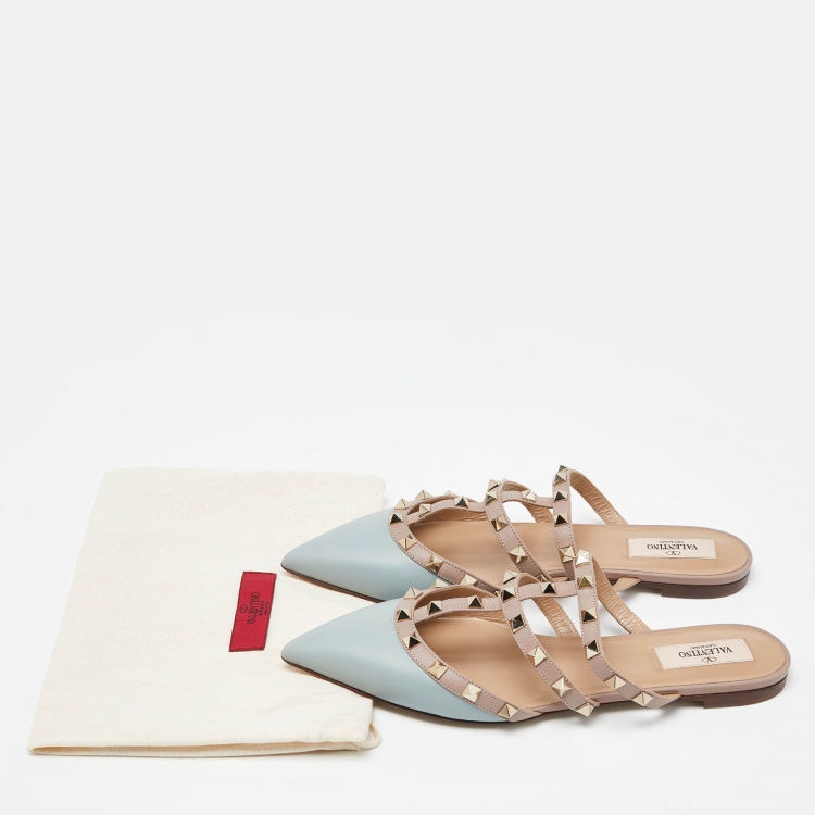 Pre Owned Valentino Blue/Pink Leather Rockstud Strappy Flat Mules Size 38