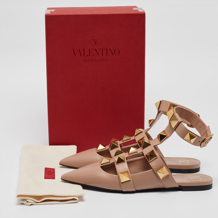 Pre Owned Valentino Dusty Pink Leather Roman Stud Ankle Strap Flats Size 39