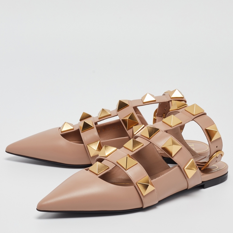 Pre Owned Valentino Dusty Pink Leather Roman Stud Ankle Strap Flats Size 39