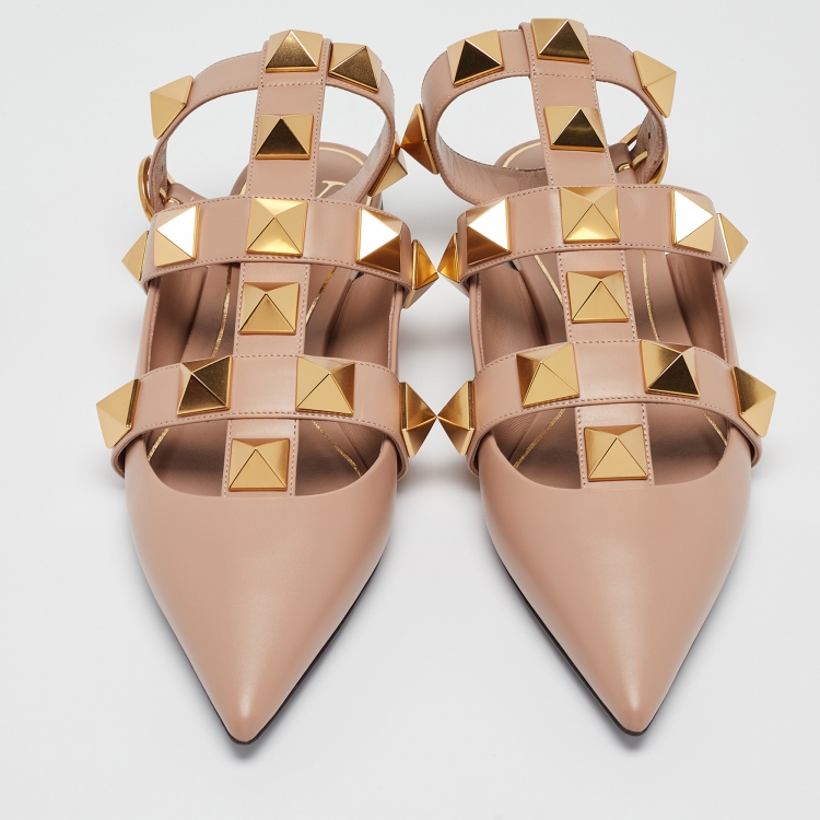 Pre Owned Valentino Dusty Pink Leather Roman Stud Ankle Strap Flats Size 39