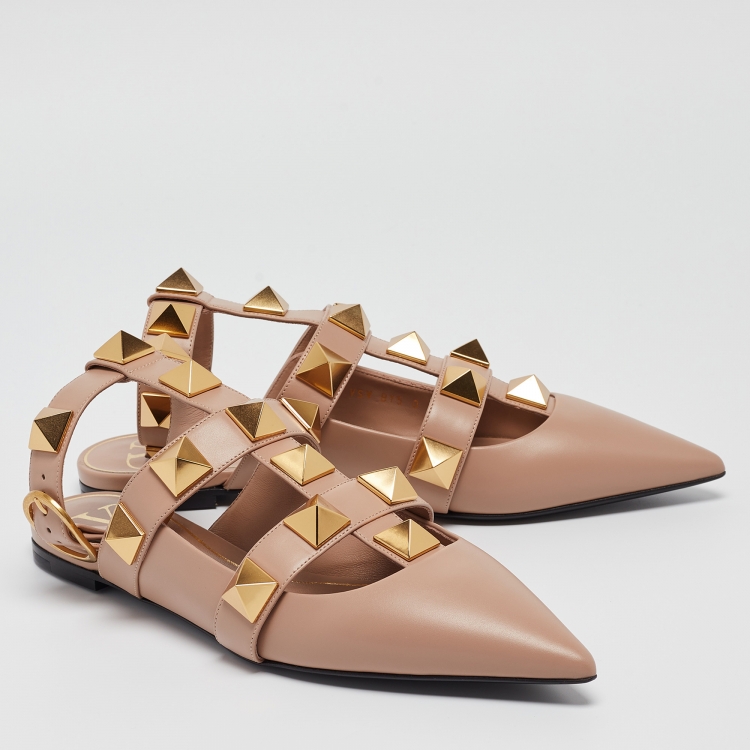 Pre Owned Valentino Dusty Pink Leather Roman Stud Ankle Strap Flats Size 39