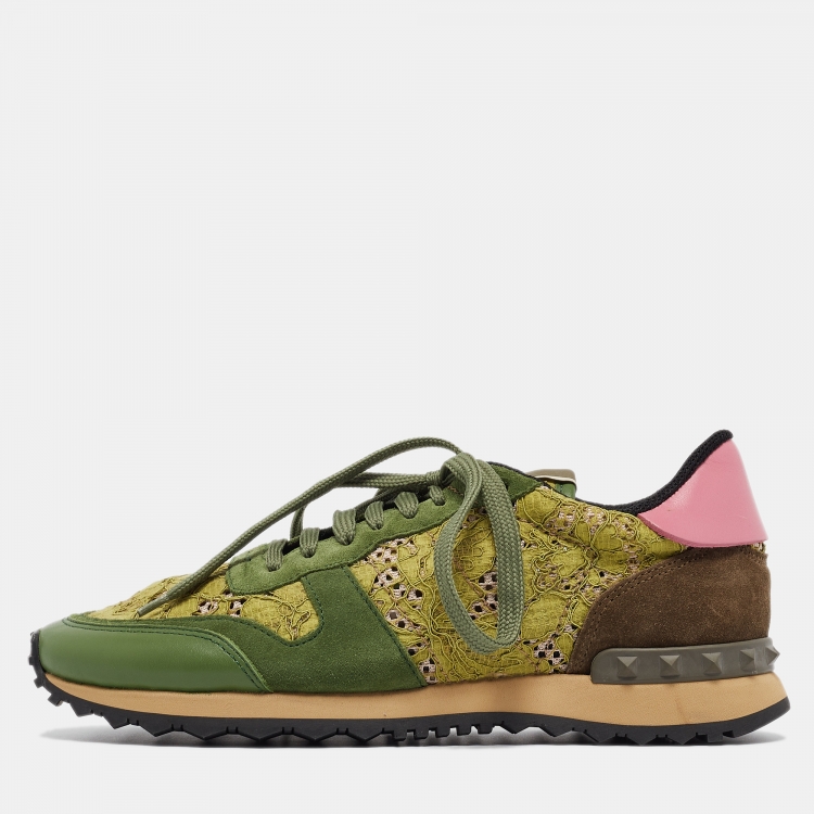 Pre Owned Valentino Green Mesh and Leather  Rockrunner Sneakers Size 39