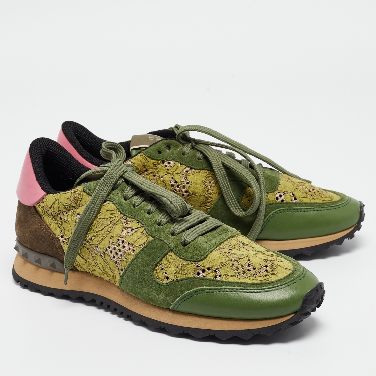 Pre Owned Valentino Green Mesh and Leather  Rockrunner Sneakers Size 39