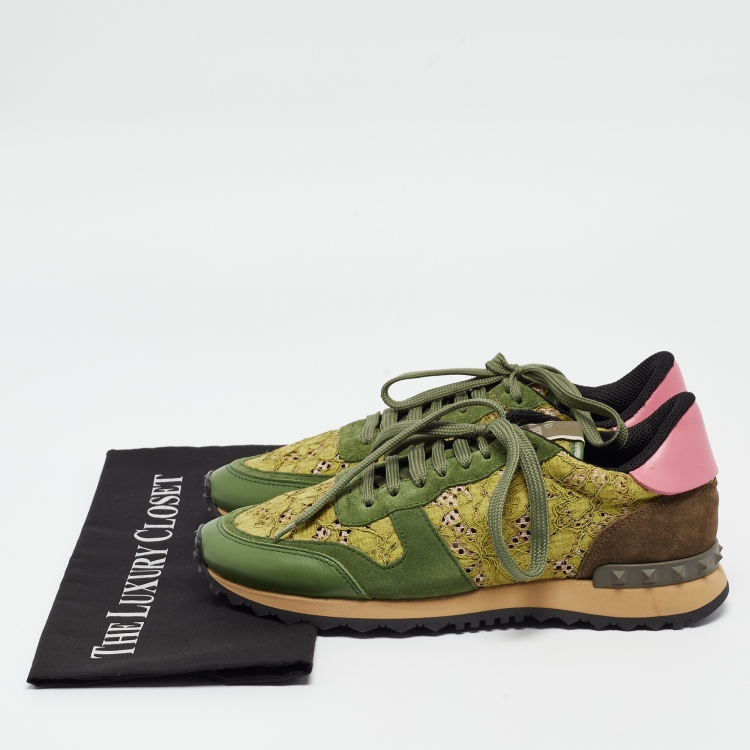 Pre Owned Valentino Green Mesh and Leather  Rockrunner Sneakers Size 39