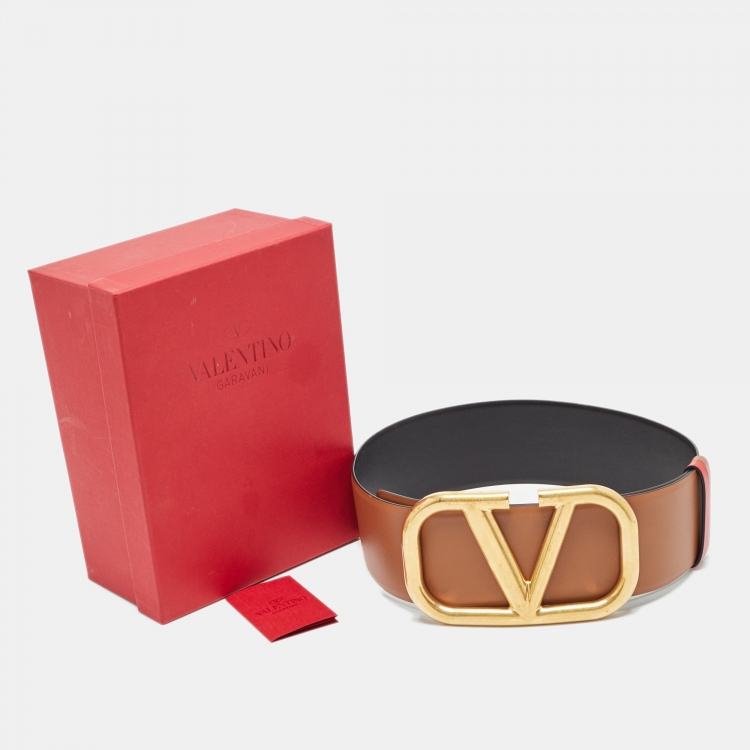 Pre Owned Valentino Brown/Black Leather VLogo Buckle Waist Belt 70 CM