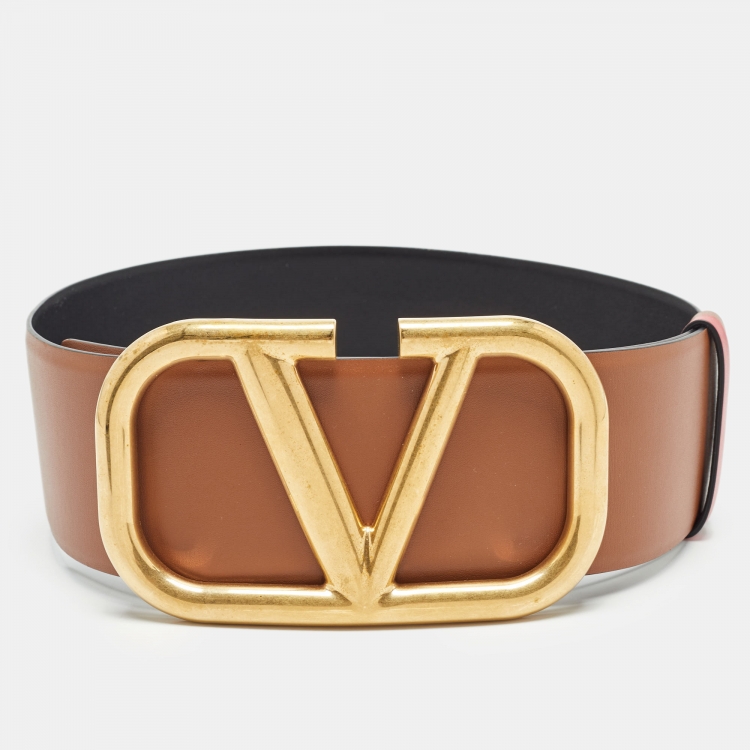 Pre Owned Valentino Brown/Black Leather VLogo Buckle Waist Belt 70 CM