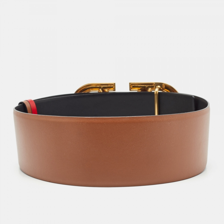 Pre Owned Valentino Brown/Black Leather VLogo Buckle Waist Belt 70 CM