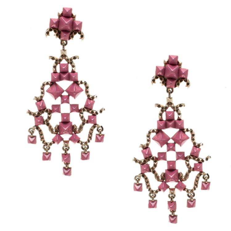 Pre Owned Valentino Pink Enamel Rockstud Long Dangle Clip-on Earrings