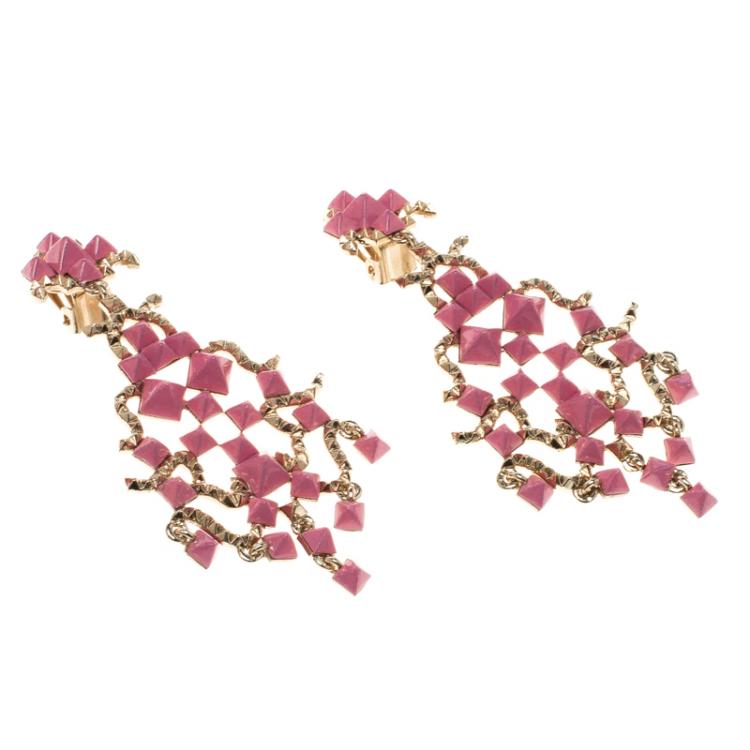 Pre Owned Valentino Pink Enamel Rockstud Long Dangle Clip-on Earrings