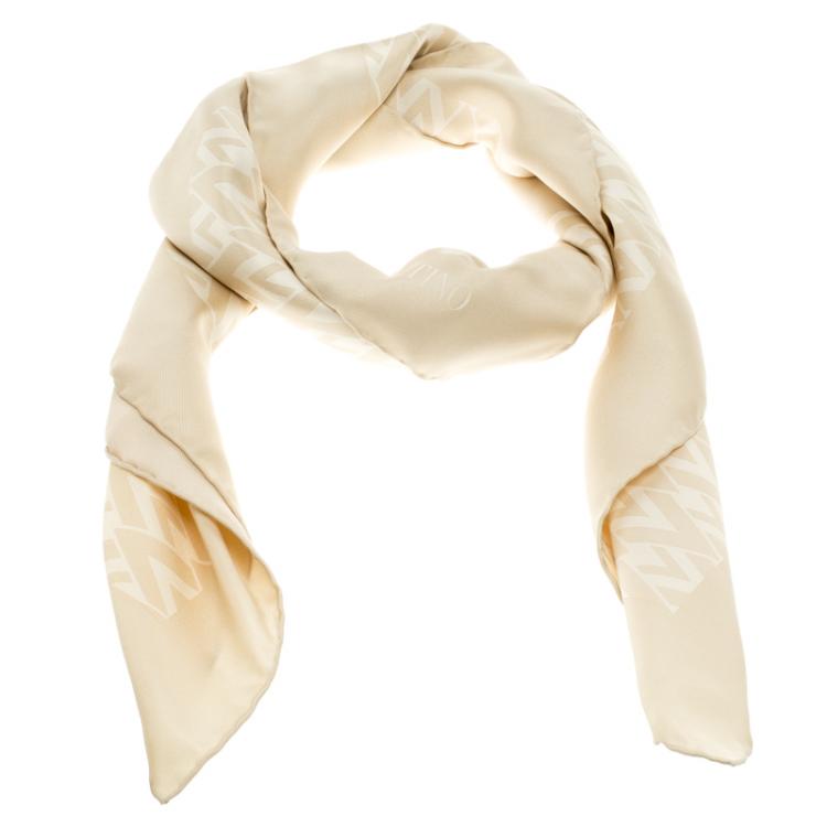 Pre Owned Valentino Beige Printed Silk Square Scarf
