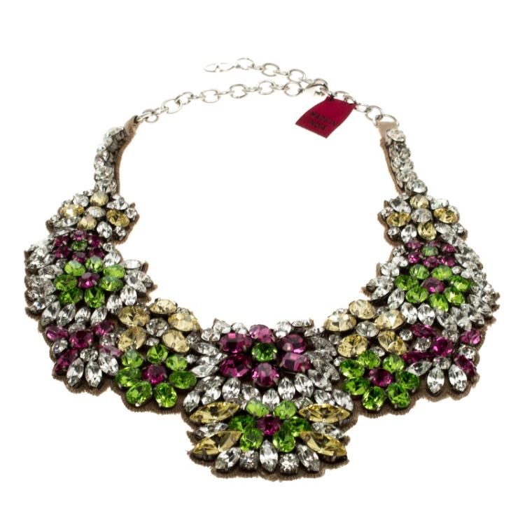 Pre Owned Valentino Multicolor Flower Crystal Embellished Statement Necklace