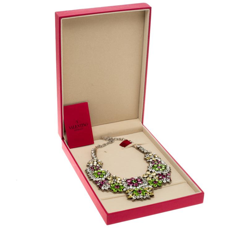 Pre Owned Valentino Multicolor Flower Crystal Embellished Statement Necklace