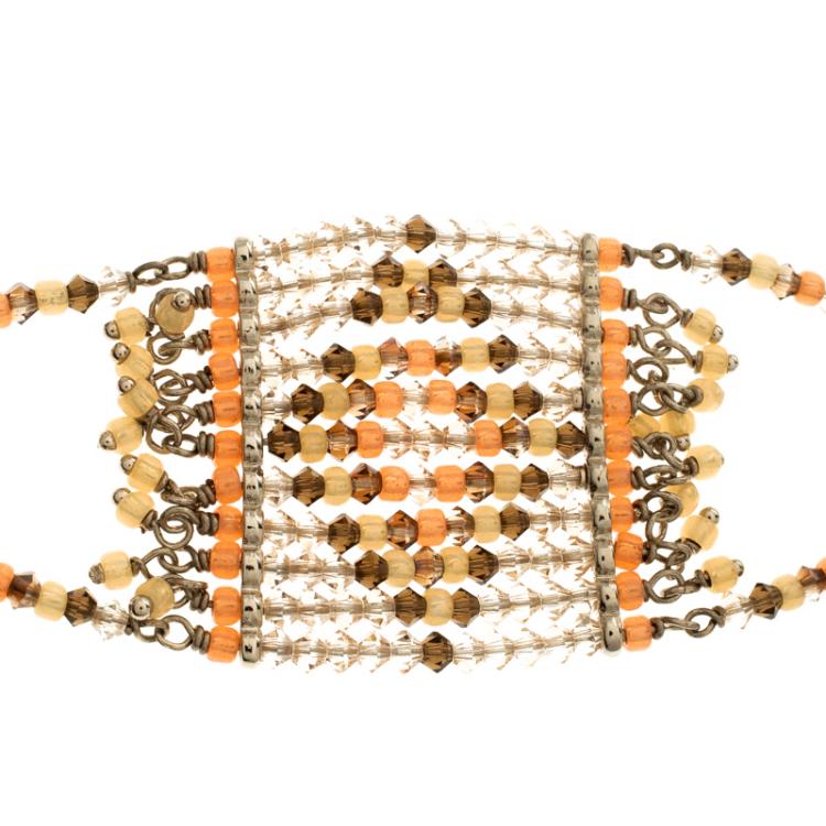 Pre Owned Valentino Multicolor Geometric Beaded Gold Tone Bracelet