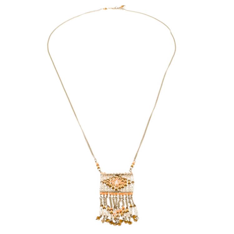 Pre Owned Valentino Multicolor Beaded Geometric Fringe Gold Tone Chain Necklace