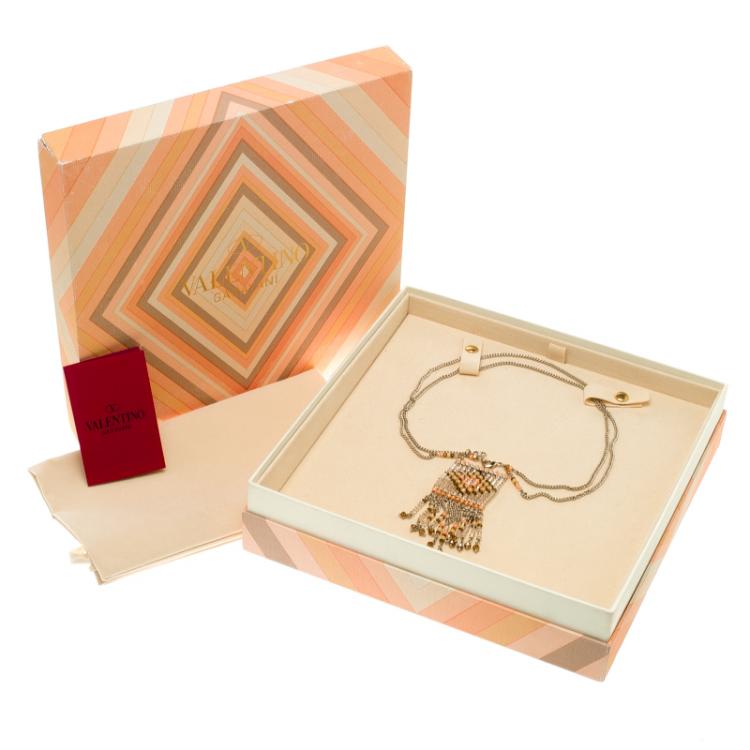 Pre Owned Valentino Multicolor Beaded Geometric Fringe Gold Tone Chain Necklace