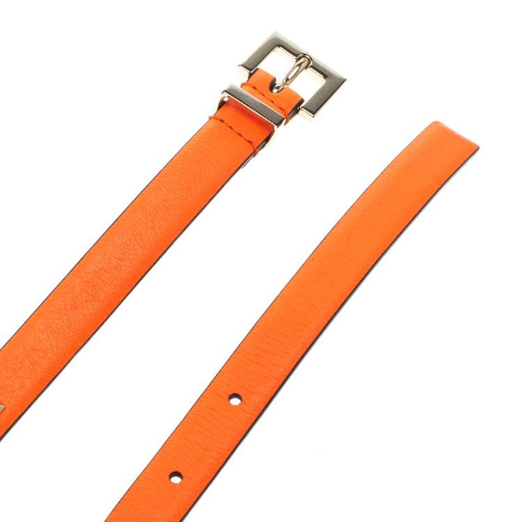 Pre Owned Valentino Neon Orange Leather Studded Skinny Belt 75cm