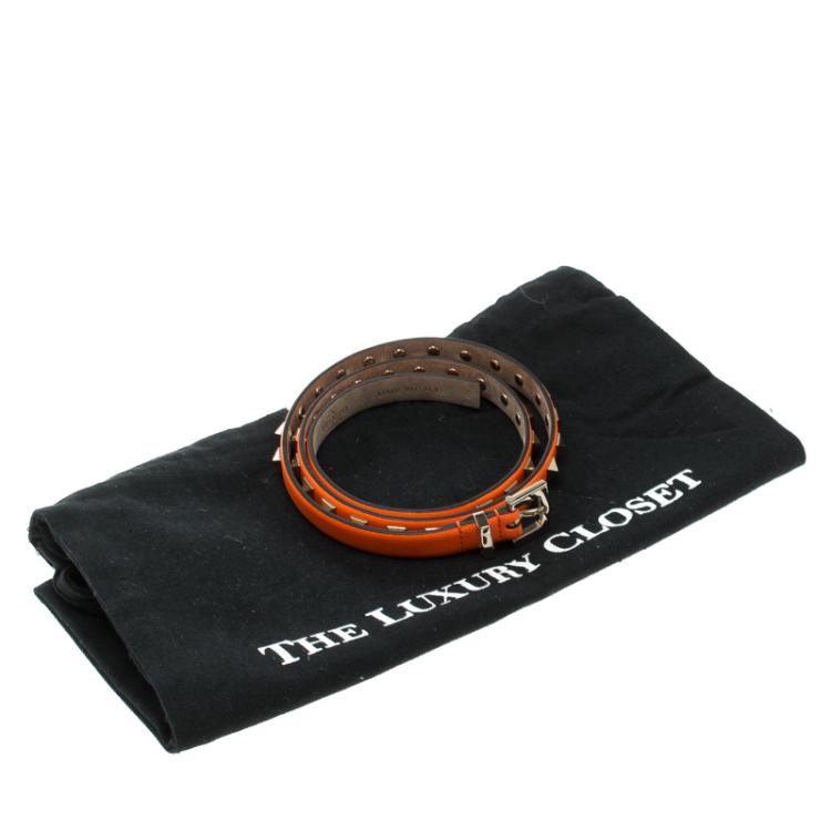 Pre Owned Valentino Neon Orange Leather Studded Skinny Belt 75cm