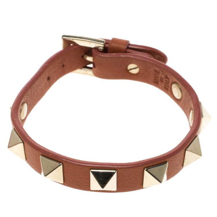 Pre Owned Valentino Rockstud Orange Leather Gold Tone Bracelet