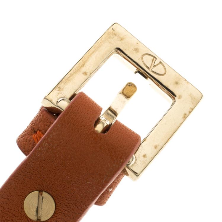 Pre Owned Valentino Rockstud Orange Leather Gold Tone Bracelet