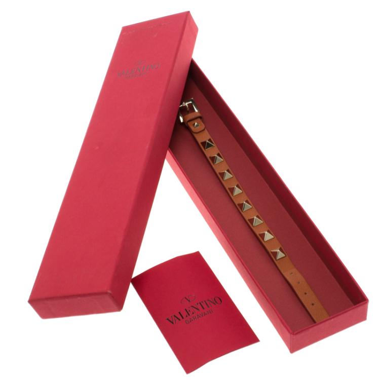 Pre Owned Valentino Rockstud Orange Leather Gold Tone Bracelet