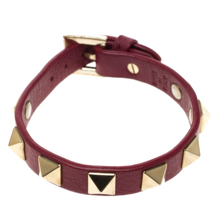 Pre Owned Valentino Rockstud Burgundy Leather Gold Tone Bracelet