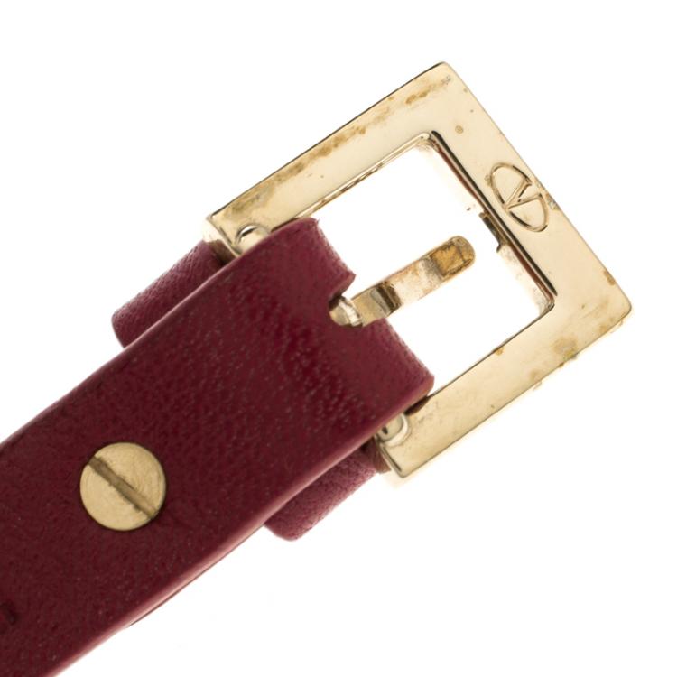 Pre Owned Valentino Rockstud Burgundy Leather Gold Tone Bracelet