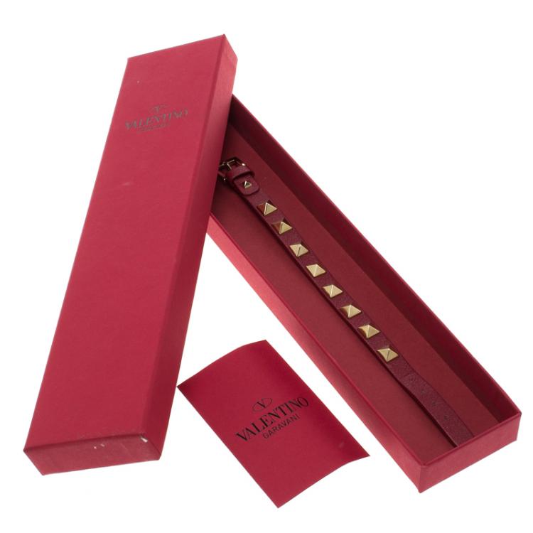 Pre Owned Valentino Rockstud Burgundy Leather Gold Tone Bracelet
