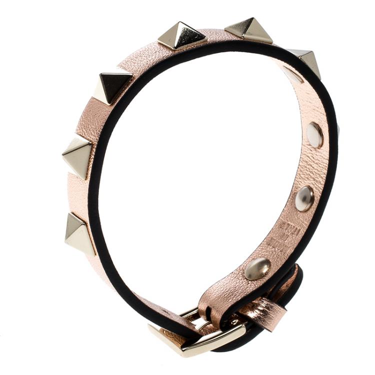 Pre Owned Valentino Rockstud Metallic Leather Gold Tone Narrow Bracelet