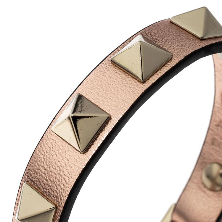 Pre Owned Valentino Rockstud Metallic Leather Gold Tone Narrow Bracelet