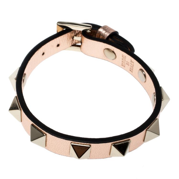 Pre Owned Valentino Rockstud Metallic Leather Gold Tone Narrow Bracelet