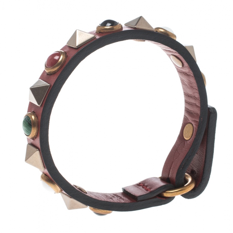 Pre Owned Valentino Rolling Rockstud Burgundy Leather Bracelet 