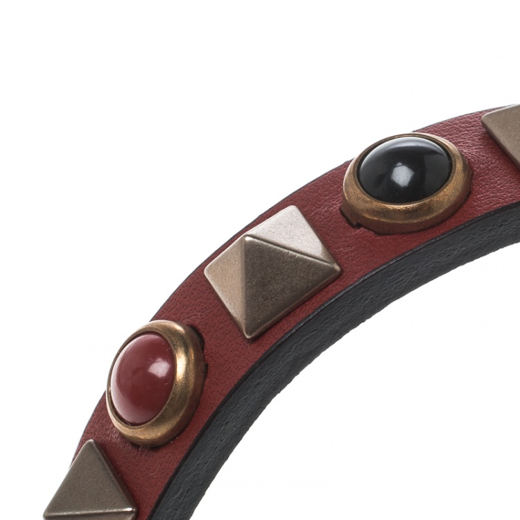 Pre Owned Valentino Rolling Rockstud Burgundy Leather Bracelet 