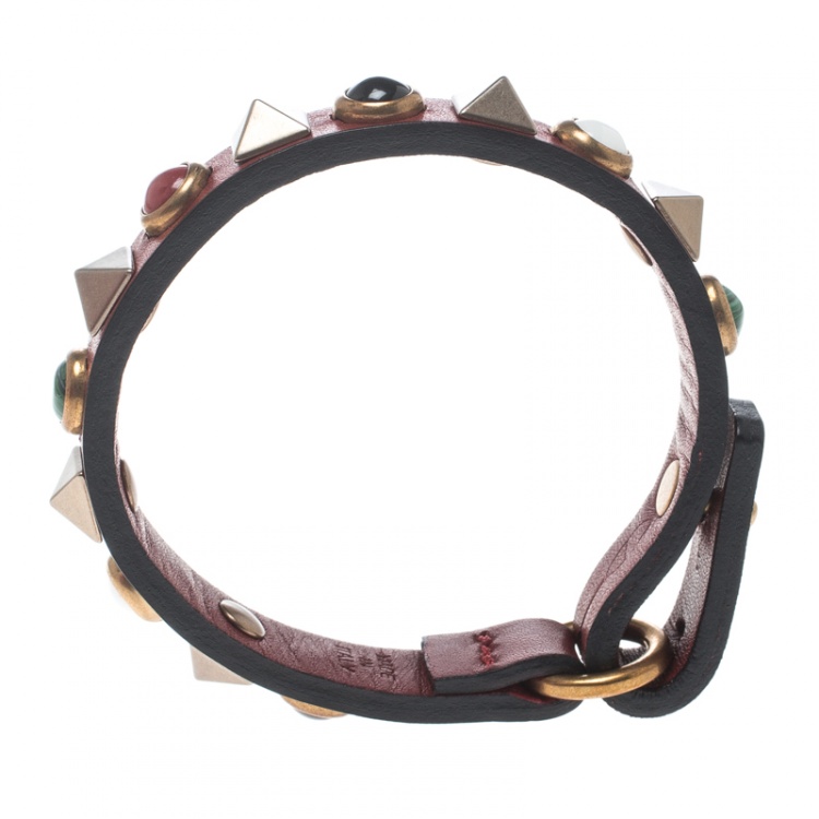 Pre Owned Valentino Rolling Rockstud Burgundy Leather Bracelet 