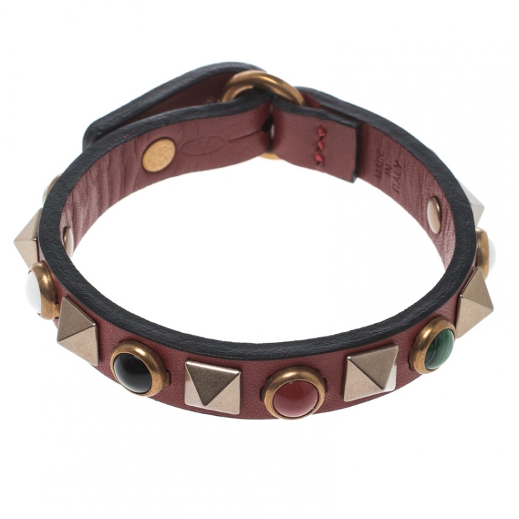 Pre Owned Valentino Rolling Rockstud Burgundy Leather Bracelet 