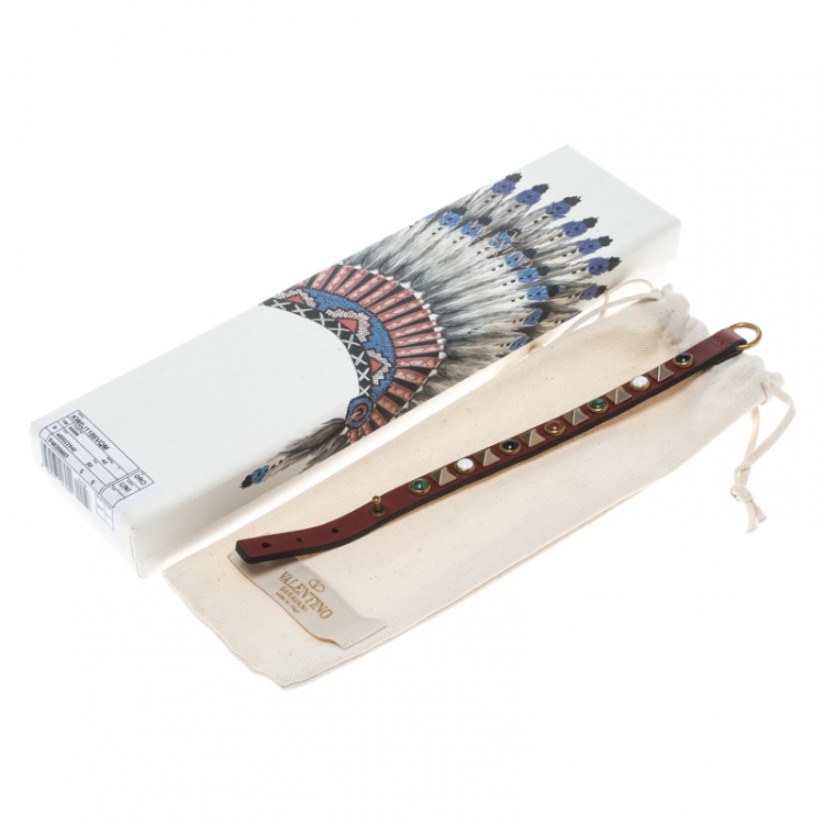 Pre Owned Valentino Rolling Rockstud Burgundy Leather Bracelet 