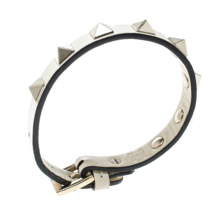 Pre Owned Valentino Rockstud Cream Leather Gold Tone Bracelet