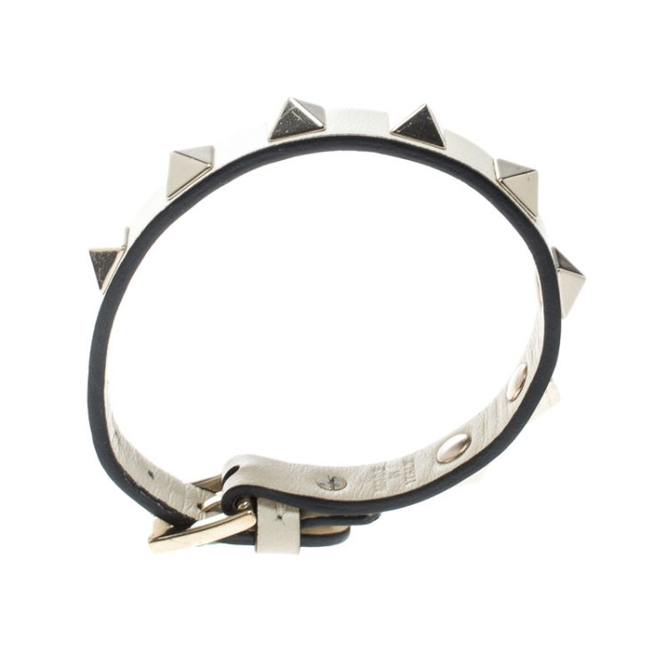 Pre Owned Valentino Rockstud Cream Leather Gold Tone Bracelet