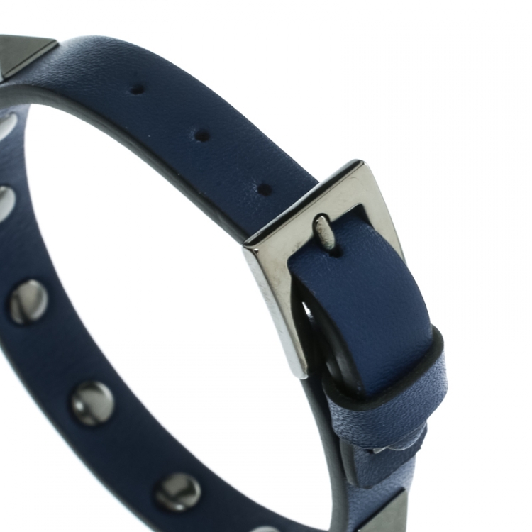 Pre Owned Valentino Rockstud Cobalt Blue Leather Gunmetal Tone Bracelet