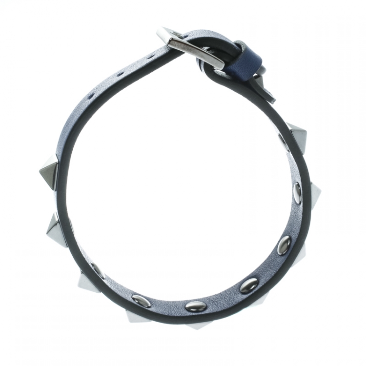 Pre Owned Valentino Rockstud Cobalt Blue Leather Gunmetal Tone Bracelet